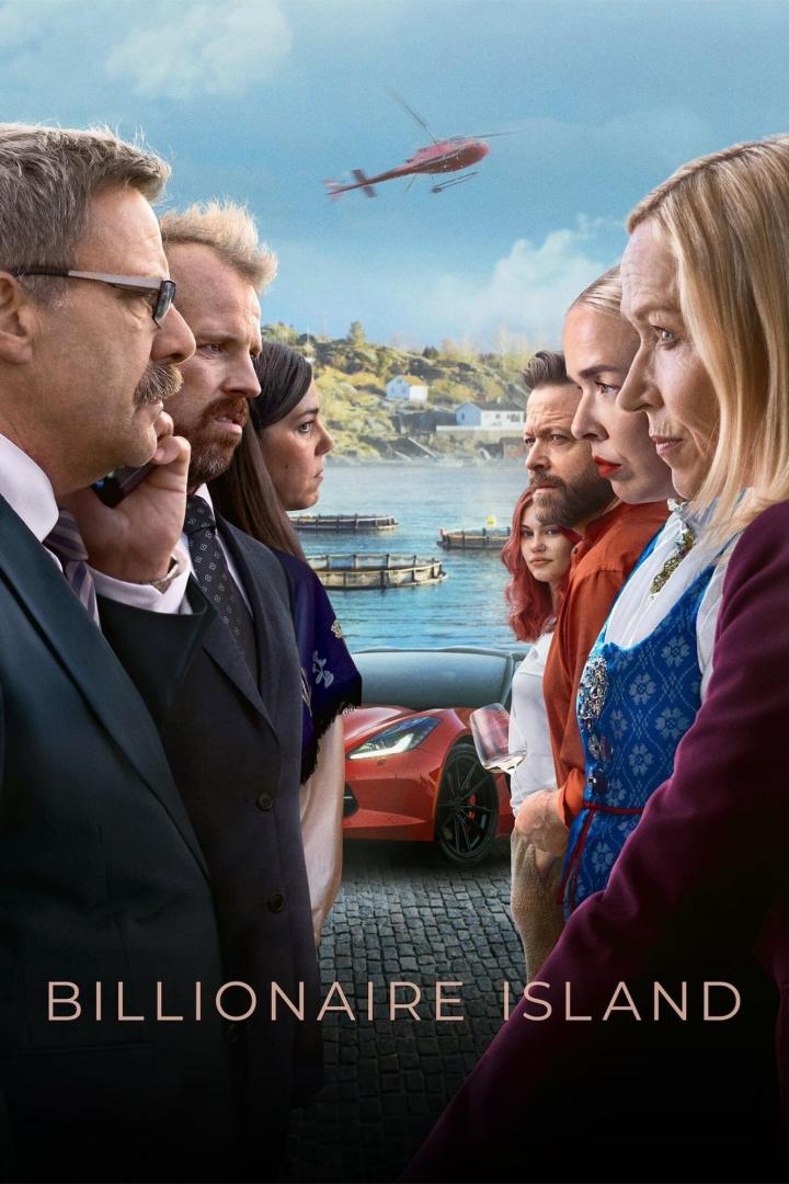Das Filmplakat für „Billionaire Island“ zeigt zwei Gruppen von Menschen, getrennt durch einen roten Sportwagen und einen Hubschrauber.