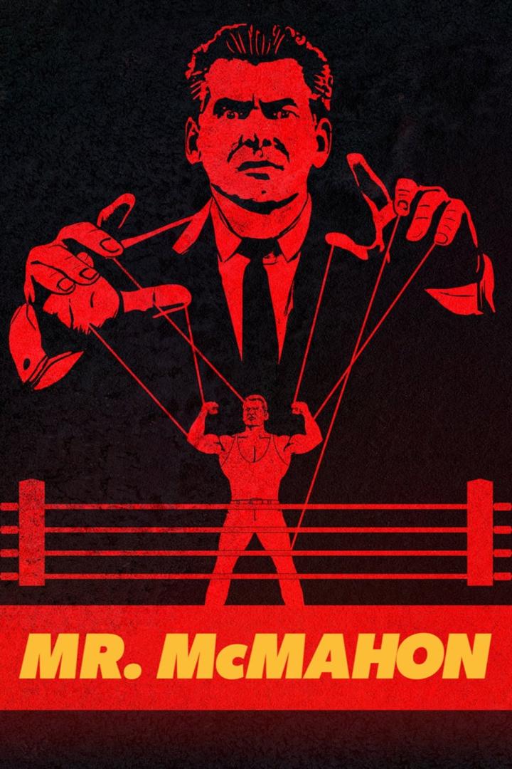 Ein Mann, der einen Wrestler wie eine Marionette über einem Boxring steuert, im Stil eines Posters für Mr. McMahon.