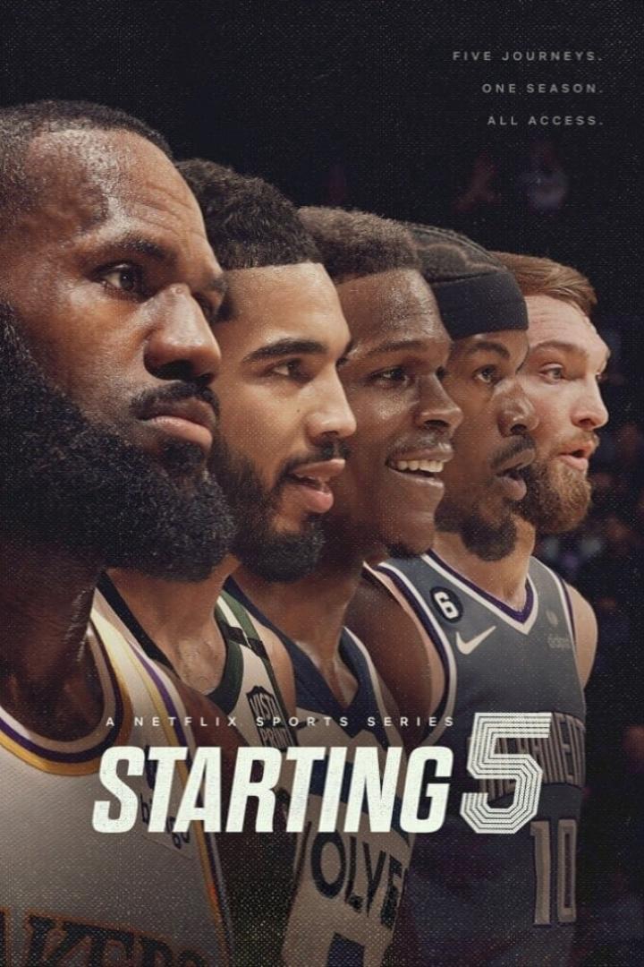 Das Poster der Netflix-Sportserie „Starting 5“ zeigt fünf Basketballspieler im Profil.