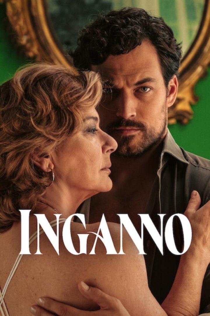 Ein Mann und eine Frau umarmen sich auf dem Filmplakat zu „Inganno“.