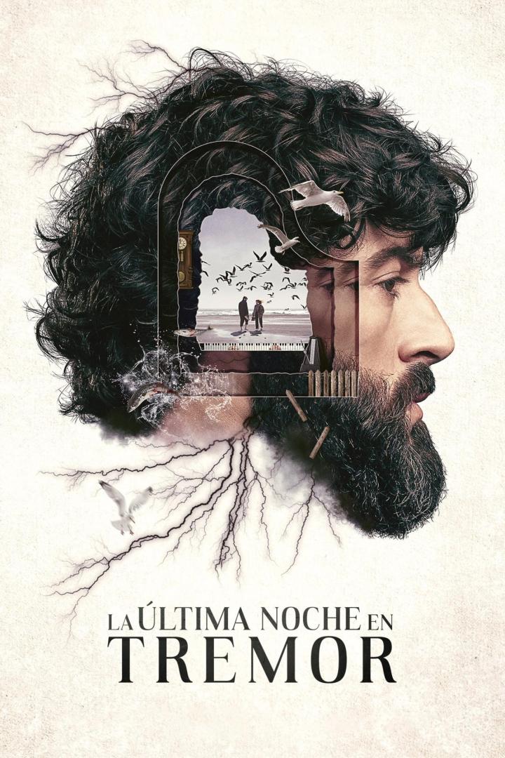 Das Filmplakat für „La última noche en Tremor“ zeigt das Profil eines Mannes mit einer Strandszene in seinem Kopf.