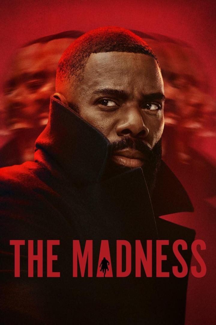 Ein Porträt von Idris Elba vor einem roten Hintergrund für den Film „The Madness“.