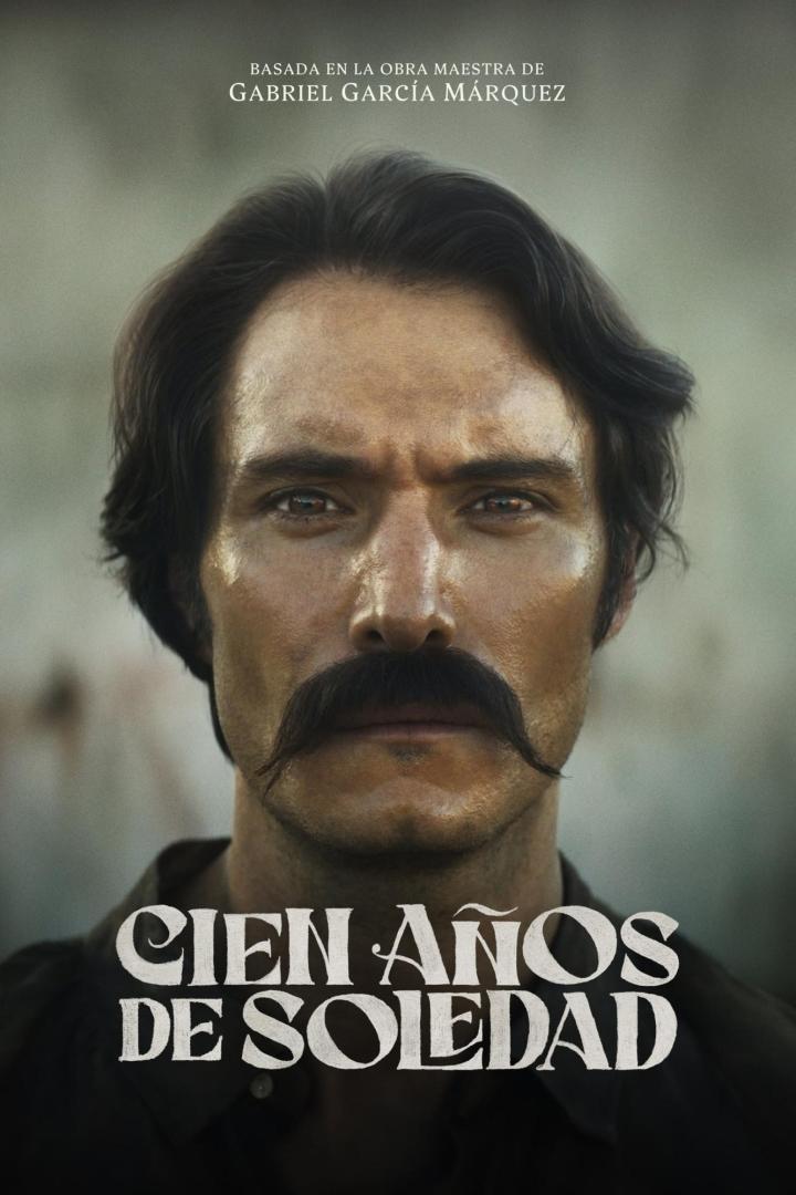 Ein Porträt eines Mannes mit Schnurrbart, der auf dem Filmplakat für „Cien Años de Soledad“ zu sehen ist.