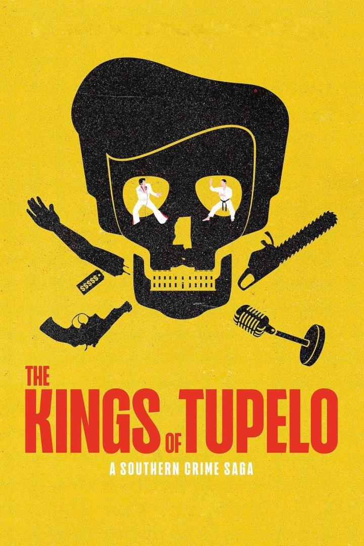 Ein Schädel mit Elvis-Imitatoren, einem Mikrofon, einer Kettensäge und dem Titel „The Kings of Tupelo“.