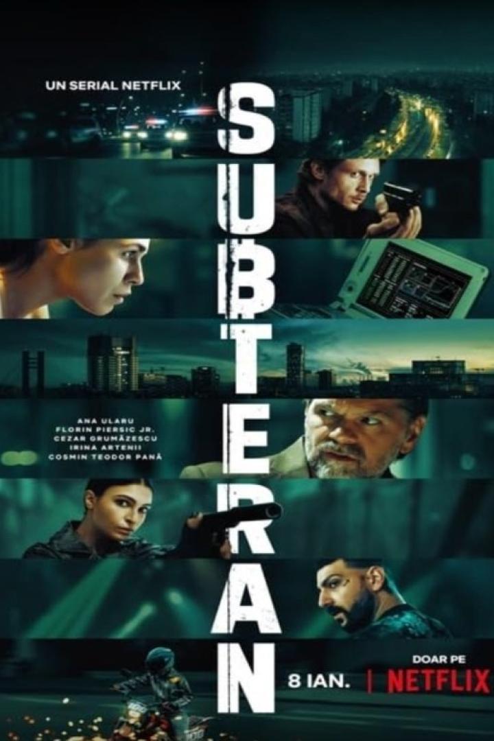 Das Filmplakat für die Netflix-Serie „Subteran“ zeigt verschiedene Charaktere und eine nächtliche Stadtansicht.