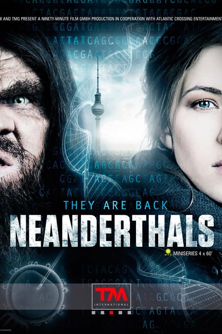 Das Filmplakat für „Neanderthals“ zeigt einen Neandertaler und eine moderne Frau vor dem Berliner Fernsehturm.