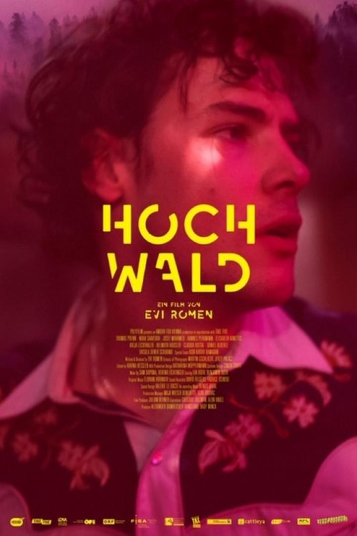 Das Filmplakat für „Hochwald“ zeigt das Porträt eines jungen Mannes vor einem Wald.