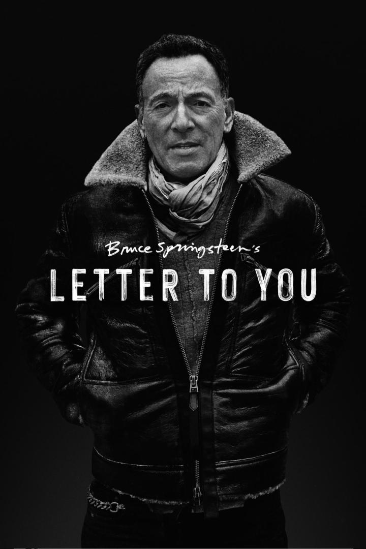Schwarzweiß-Porträt von Bruce Springsteen vor dem Albumcover „Letter to You“.