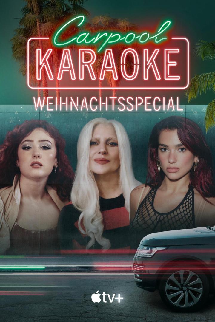Werbeplakat für das „Carpool Karaoke“-Weihnachtsspecial mit drei Sängerinnen.