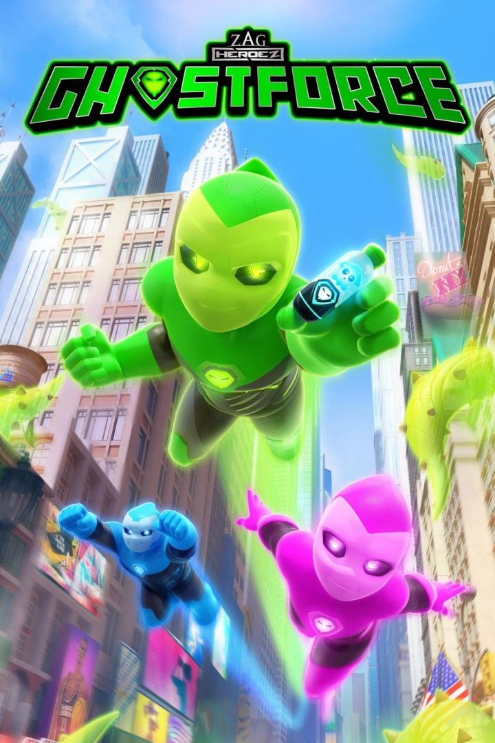 Das Titelbild von „ZAG Heroez Ghostforce“ zeigt die drei Geisterjäger in Aktion vor einer Stadtkulisse.