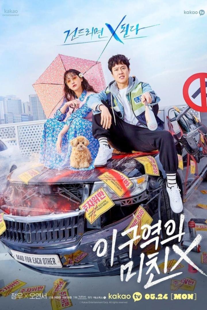 Das Poster für die koreanische Fernsehserie „Mad for Each Other“ zeigt zwei Hauptfiguren und einen Hund auf einem beschädigten Auto.
