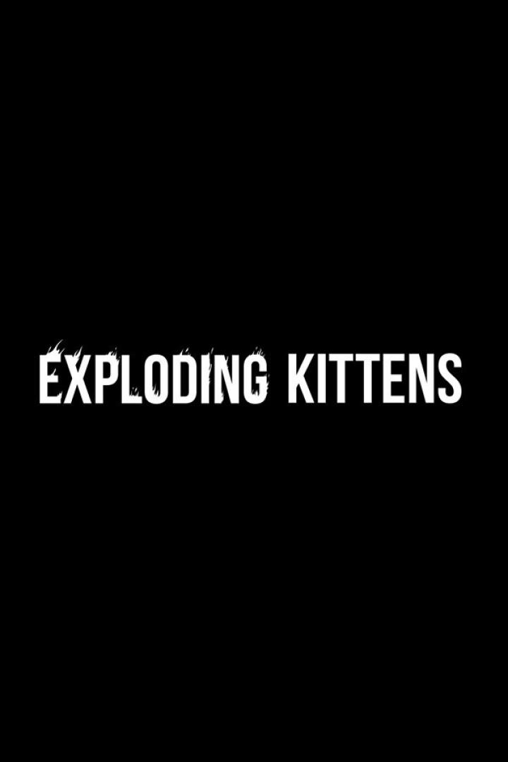 Das Logo für das Kartenspiel „Exploding Kittens“ auf schwarzem Hintergrund.