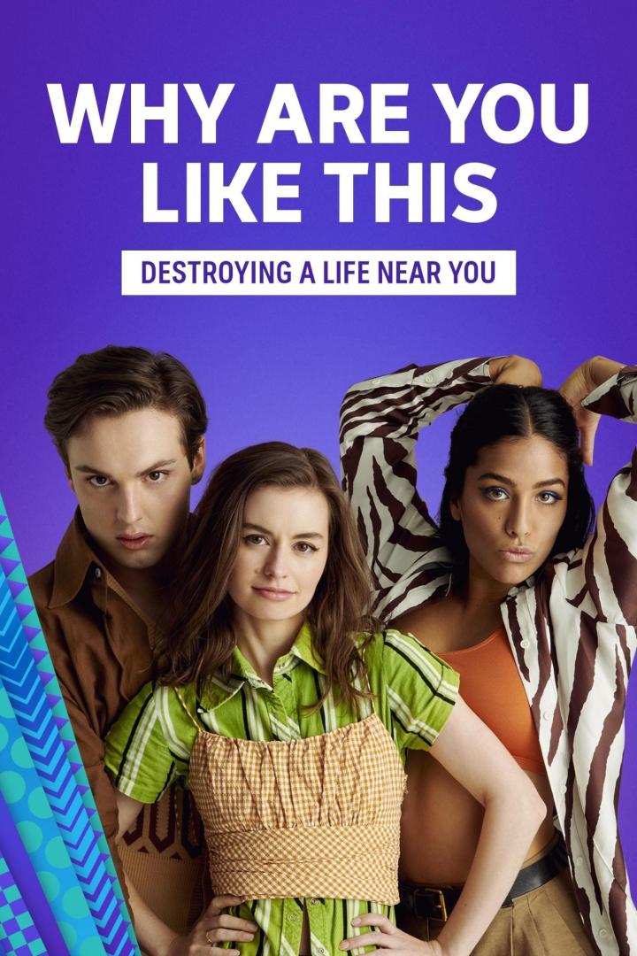 Drei junge Menschen posieren vor einem lila Hintergrund für die Netflix-Serie „Why Are You Like This“.