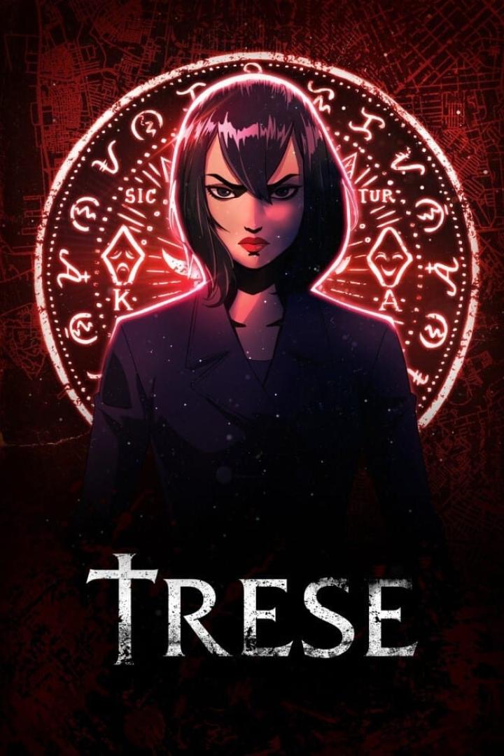 Das Cover der Netflix-Serie „Trese“ zeigt eine Frau vor einem roten, okkulten Symbol.