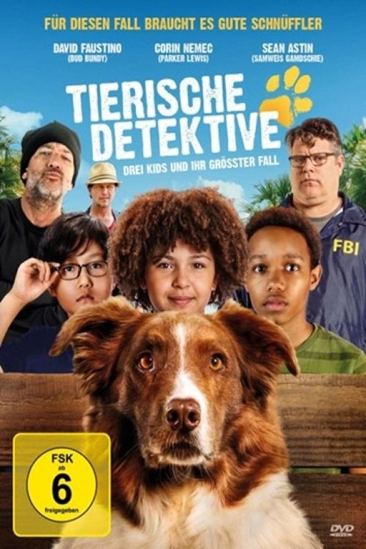 Das Filmplakat zu „Tierische Detektive“ zeigt einen Hund und drei Kinder.