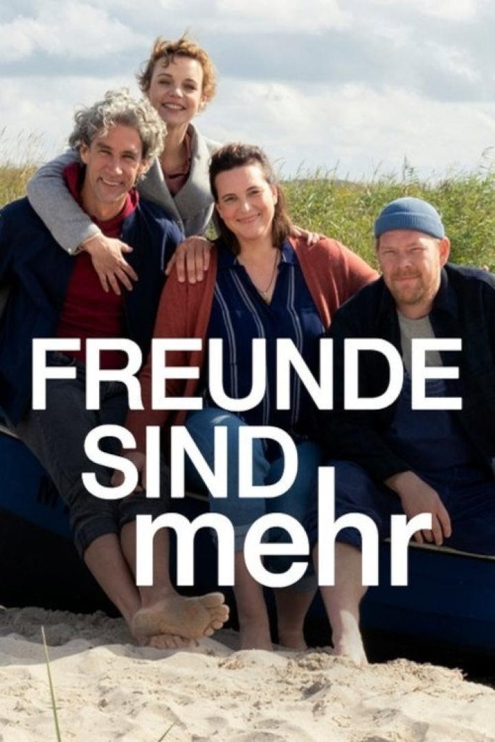 Das Filmplakat für „Freunde sind mehr“ zeigt vier Personen am Strand.
