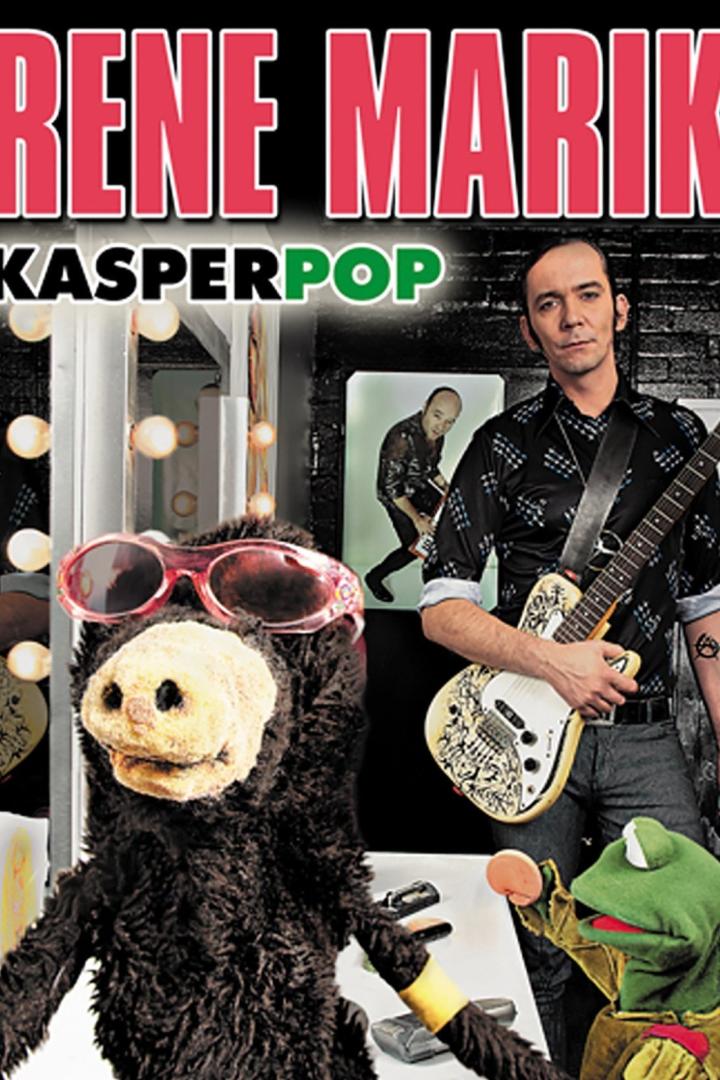 Cover des Albums „Kasperpop“ von René Marik mit ihm, einem Bären und einer Froschpuppe.