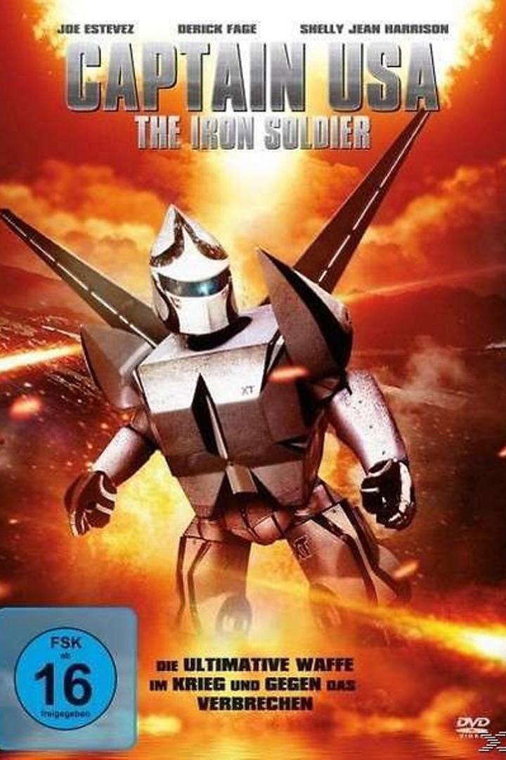 Das Cover des Films „Captain USA: The Iron Soldier“ zeigt einen Roboter vor einem orangefarbenen Himmel.