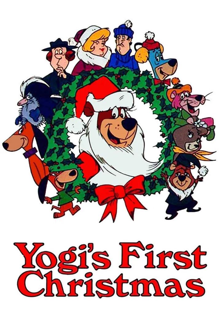 Das Cover von „Yogi’s First Christmas“ zeigt Yogi Bär und Freunde in einem Weihnachtskranz.