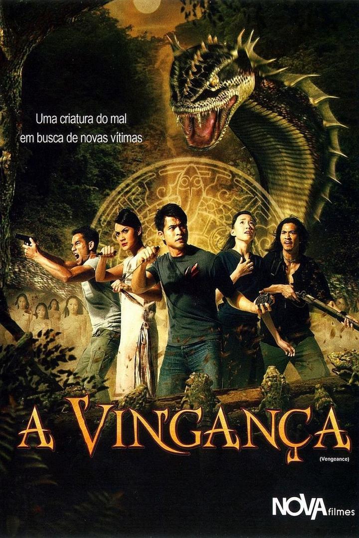 Das Filmplakat von „A Vingança“ zeigt eine Gruppe von Menschen, die sich einem riesigen Drachen stellen.