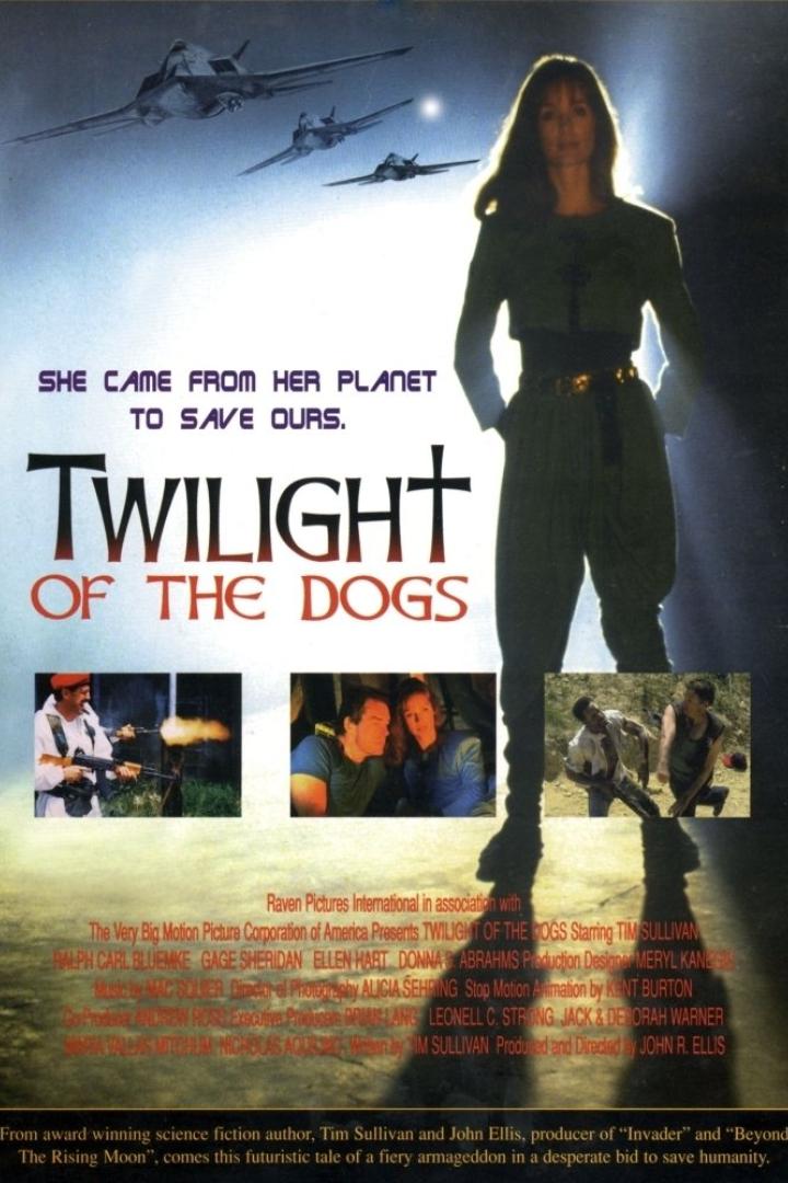Das Filmplakat für „Twilight of the Dogs“ zeigt eine Frau vor futuristischen Flugzeugen.