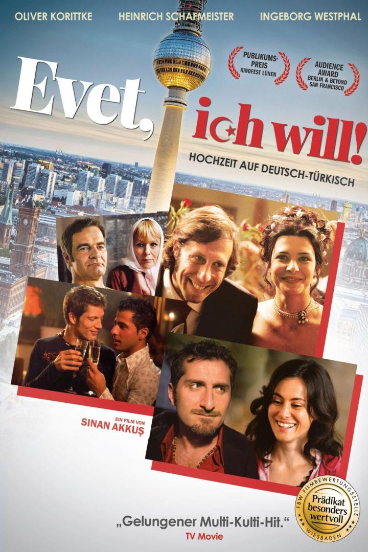 Das Filmplakat für „Evet, ich will!“ zeigt den Berliner Fernsehturm und mehrere Paare.
