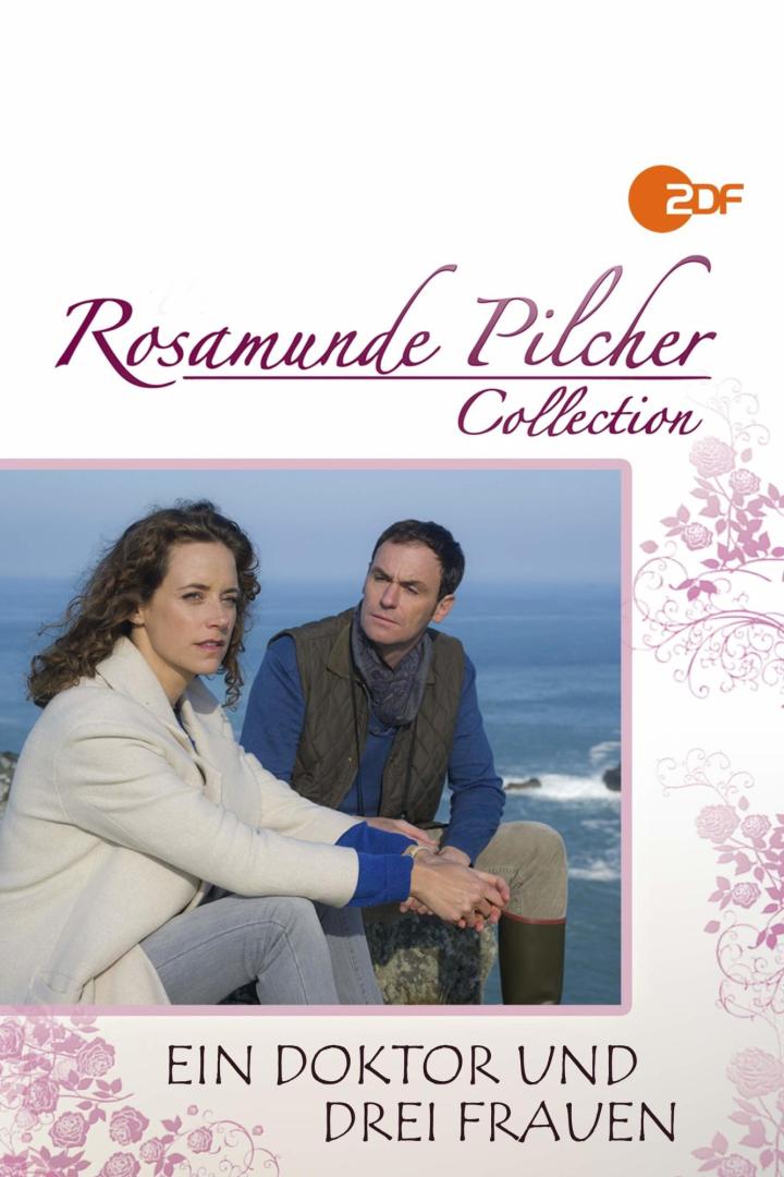Das Cover von „Rosamunde Pilcher – Ein Doktor und drei Frauen“ zeigt zwei Hauptdarsteller vor einer Küstenlandschaft.