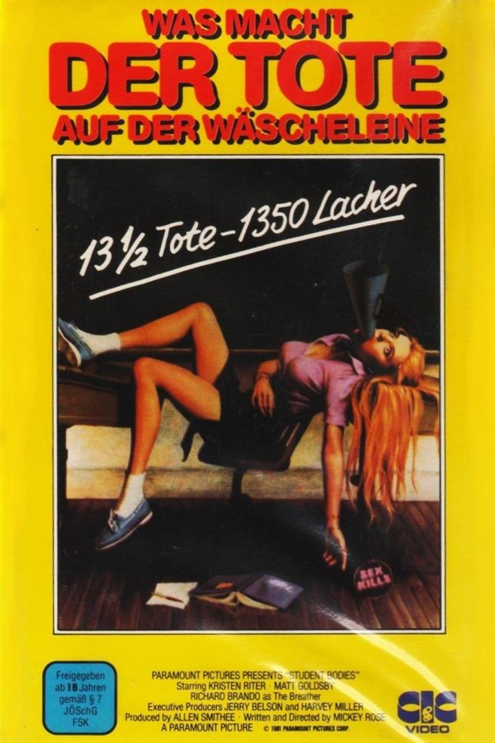 Das Cover des Films „Was macht der Tote auf der Wäscheleine“ zeigt eine Studentin mit einem Megaphon im Mund.