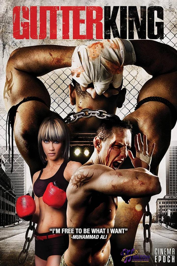 Das Filmplakat für „Gutter King“ zeigt eine Frau mit Boxhandschuhen und einen blutenden Mann vor einer Gitterwand.