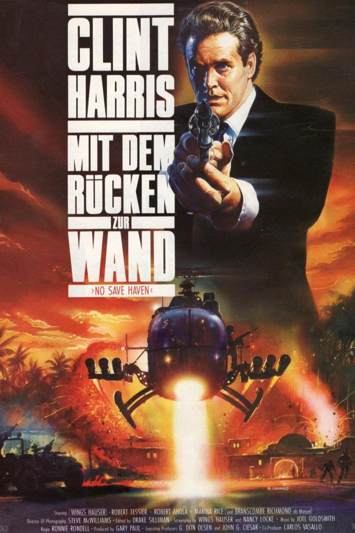 Das Filmplakat für „Clint Harris – Mit dem Rücken zur Wand“ zeigt einen Mann mit einer Waffe vor einem Hubschrauber im Kampf.