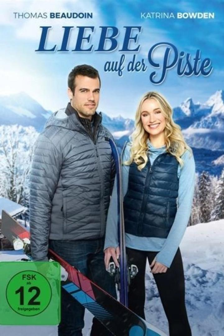Das Filmplakat für „Liebe auf der Piste“ zeigt Thomas Beaudoin und Katrina Bowden vor einer verschneiten Bergkulisse.