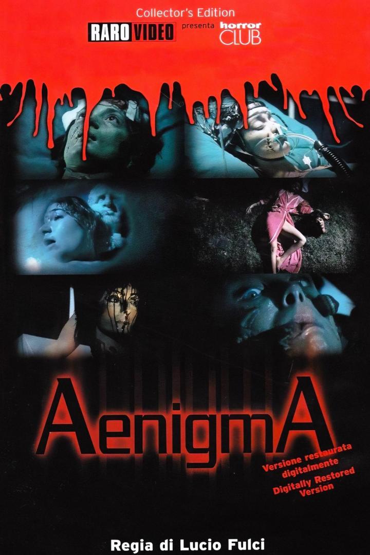 Das Cover des Horrorfilms „Aenigma“ von Lucio Fulci zeigt verschiedene verstörende Szenen.