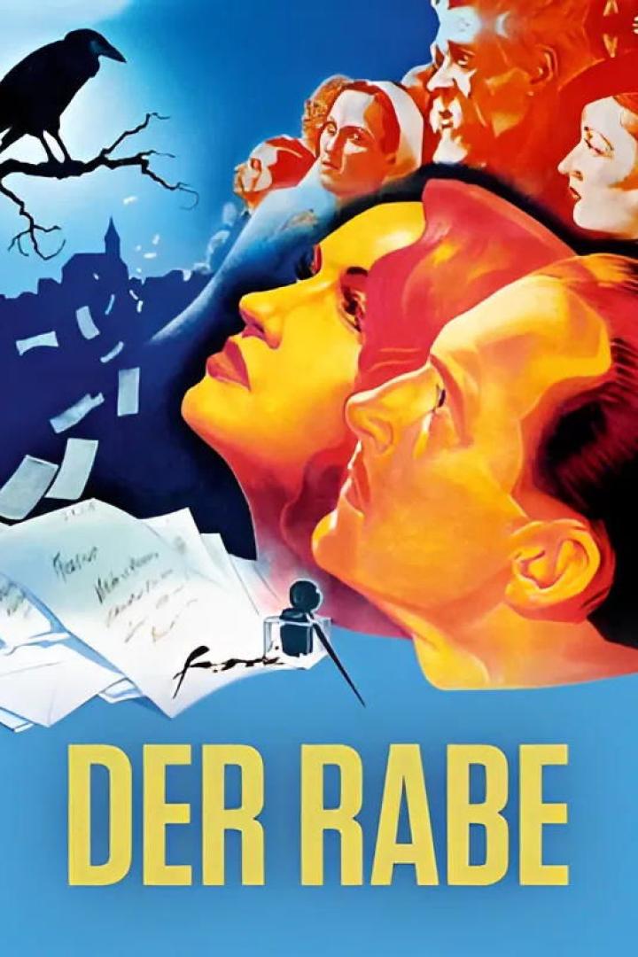 Das Filmplakat für „Der Rabe“ zeigt stilisierte Gesichter, einen Raben und fliegende Briefe.