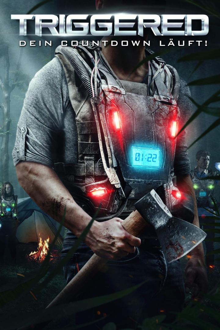 Ein Mann mit einer Axt und einer leuchtenden Countdown-Weste im Wald.