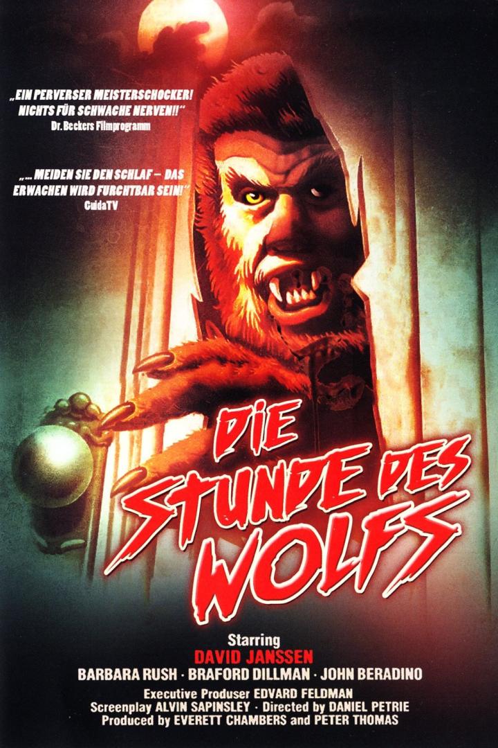 Das Filmplakat für „Die Stunde des Wolfs“ zeigt einen Werwolf, der durch eine Tür bricht.