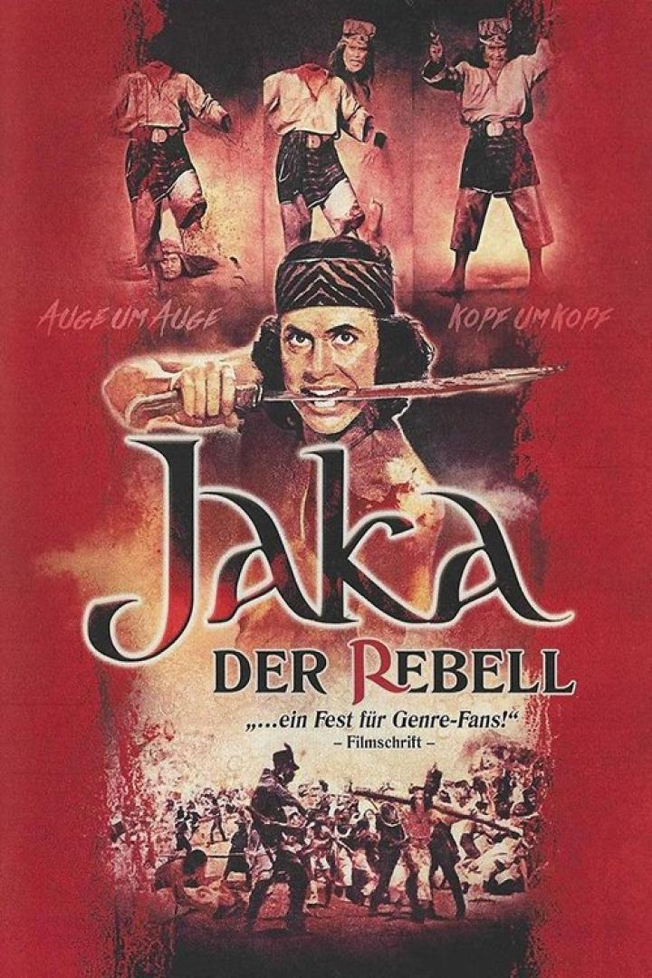 Das Filmplakat für „Jaka der Rebell“ zeigt einen Mann mit einem Messer im Mund vor einem roten Hintergrund.