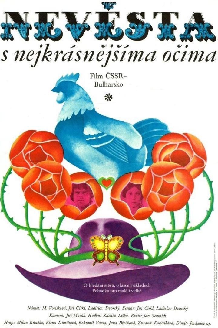 Das Filmplakat für „Nevěsta s nejkrásnějšíma očima“ zeigt einen Hahn, Rosen und ein Paar.