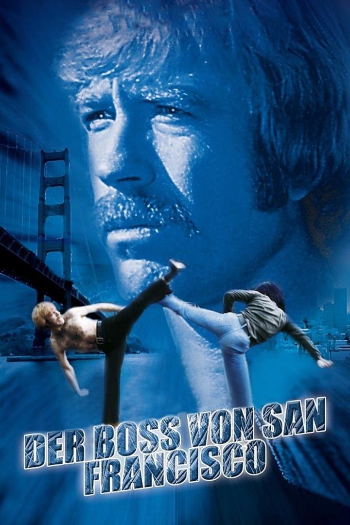 Das Filmplakat für „Der Boss von San Francisco“ zeigt zwei Männer beim Kampfsport vor der Golden Gate Bridge.