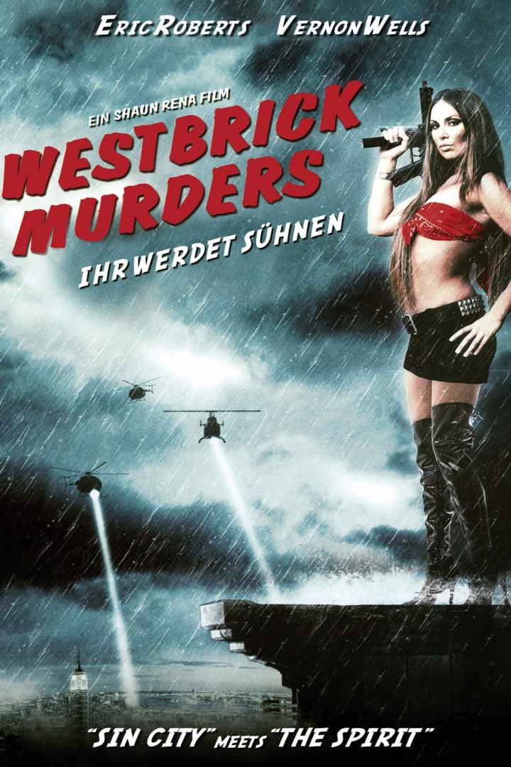 Das Filmplakat für „Westbrick Murders“ zeigt eine bewaffnete Frau auf einem Dach im Regen.
