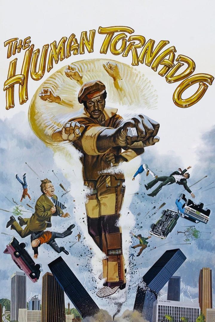 Das Filmplakat für „The Human Tornado“ zeigt einen Mann, der einen Wirbelsturm verursacht, der Menschen und Autos durch die Luft wirbelt.