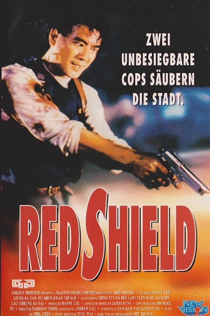 Ein Filmposter für „Red Shield“ mit einem Polizisten, der eine Waffe hält.