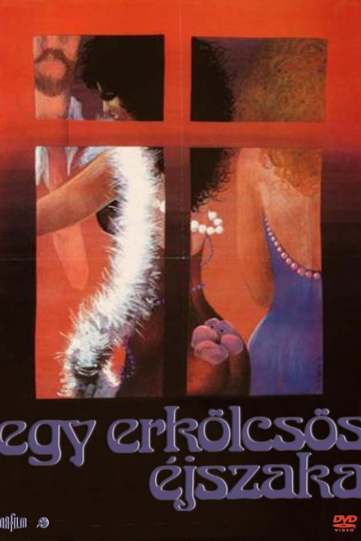 Das Filmplakat für „Egy erkölcsös éjszaka“ zeigt einen Mann und zwei Frauen.