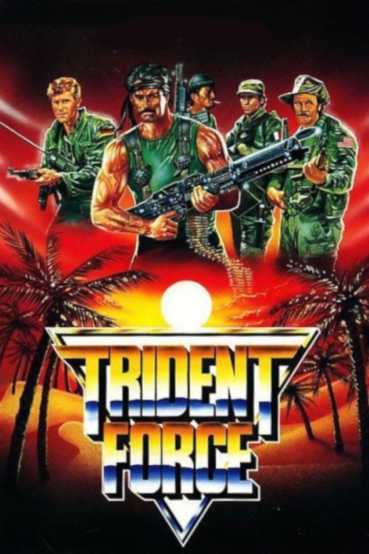 Das Cover des Videospiels „Trident Force“ zeigt eine Gruppe bewaffneter Soldaten vor einem Sonnenuntergang.