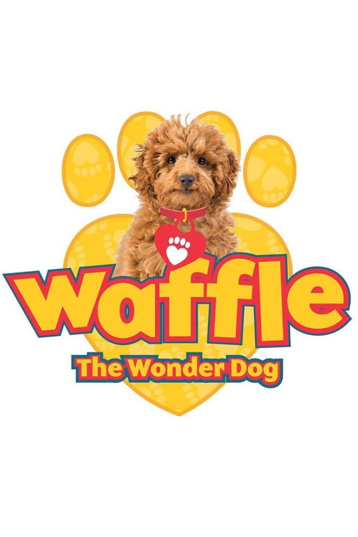 Logo für „Waffle the Wonder Dog“ mit einem Cartoon-Hund vor einem gelben Pfotenabdruck.
