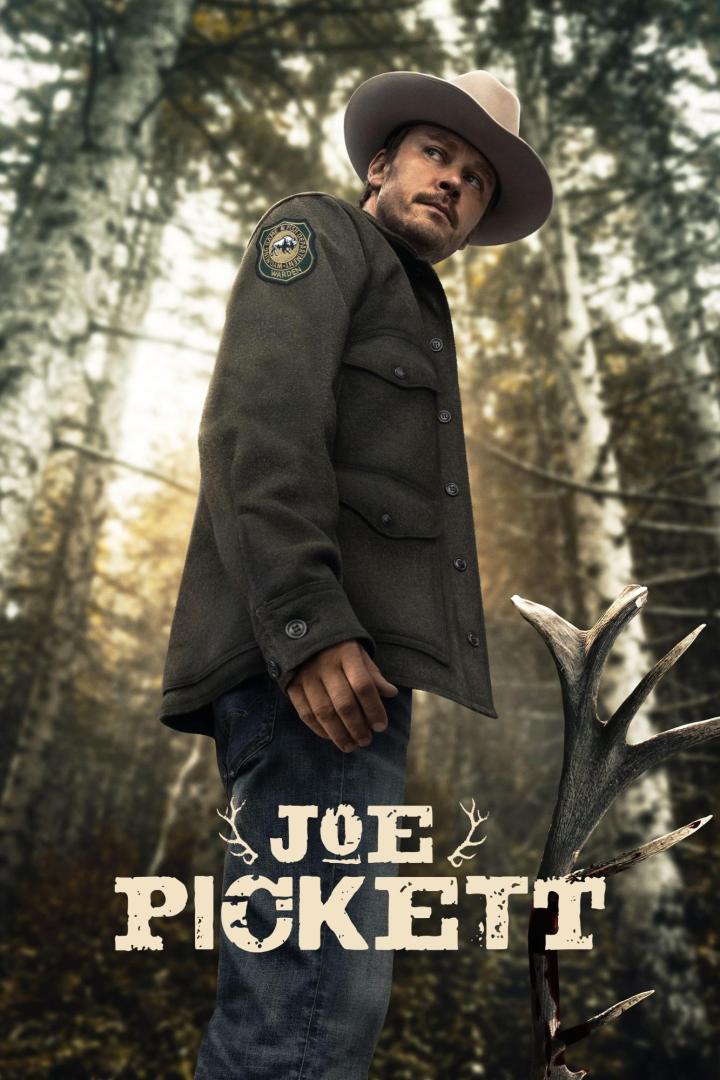 Ein Mann in Uniform und Hut steht vor einem Baum im Wald, im Vordergrund der Titel „Joe Pickett“.