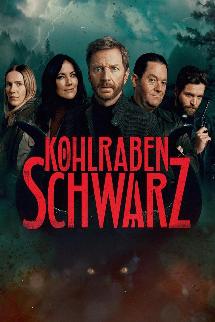 Das Filmplakat für „Kohlrabenschwarz“ zeigt fünf Personen vor einem dunklen, stürmischen Hintergrund.