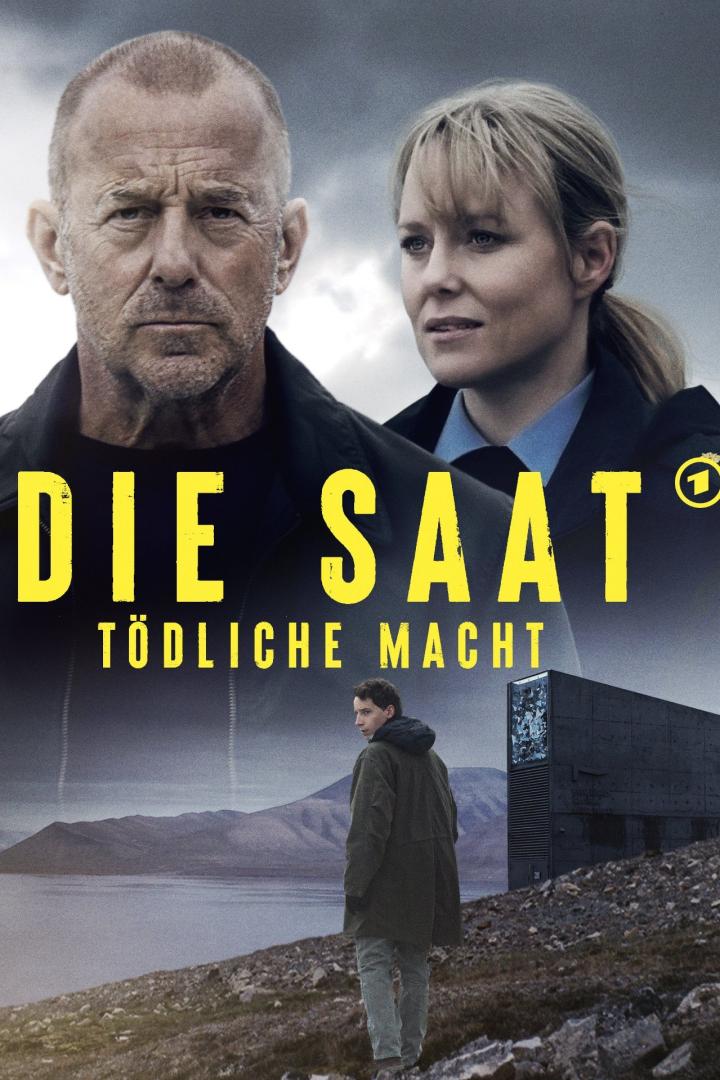 Das Filmplakat für „Die Saat – Tödliche Macht“ zeigt zwei Ermittler und einen jungen Mann vor einer arktischen Landschaft.
