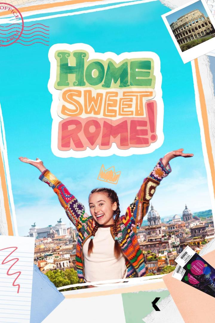 Eine junge Frau mit erhobenen Armen vor der Skyline von Rom mit dem Schriftzug „Home Sweet Rome!“.