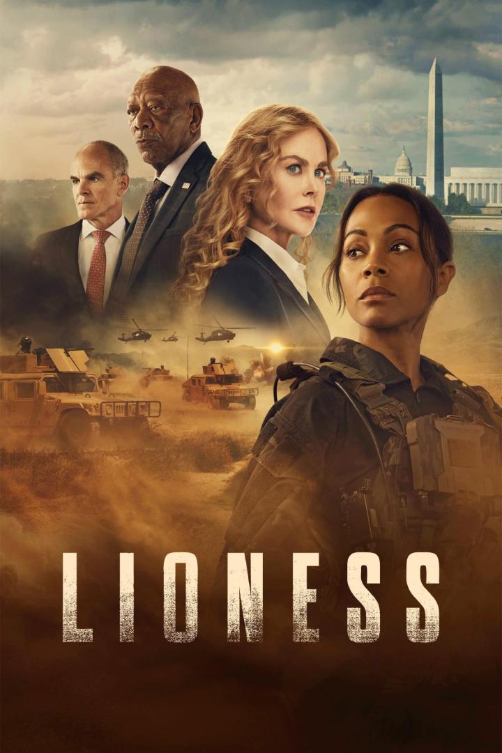 Das Filmplakat für „Lioness“ zeigt Schauspieler vor dem Hintergrund von Krieg und Washington D.C..
