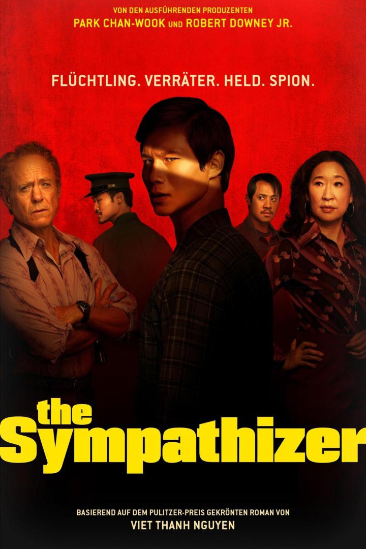Das Filmplakat für „The Sympathizer“ zeigt verschiedene Charaktere vor einem roten Hintergrund.